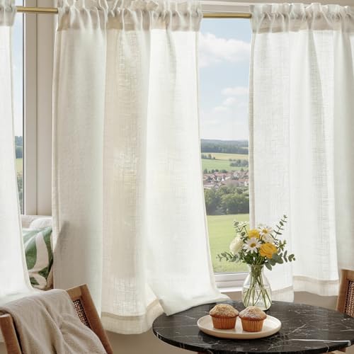 TOPICK Kitchen Curtains with Rod Pocket Bistro Rod Pocket for Living Room Translucent Modern Farmhouse Country Style with Tunnel Linen White Set of 2 65 x 90 cm