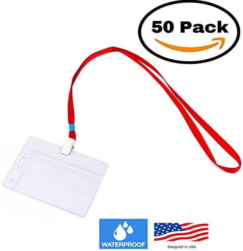 50 VERTICAL &amp; HORIZONTAL Name Tag Holders with Lanyards I Sealable Waterproof Name Badge Holders with Red Clip Lanyards (50 SETS)