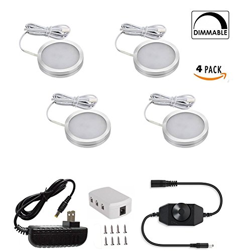 Cefrank Under Cabinet Lighting- Dimmable – 4 Pack – 8W 680LM – Kitchen LED Counter Deluxe Kit w/ Rotary Dimmer Switch – Continuous Dimming Puck Lighting (Warm White)