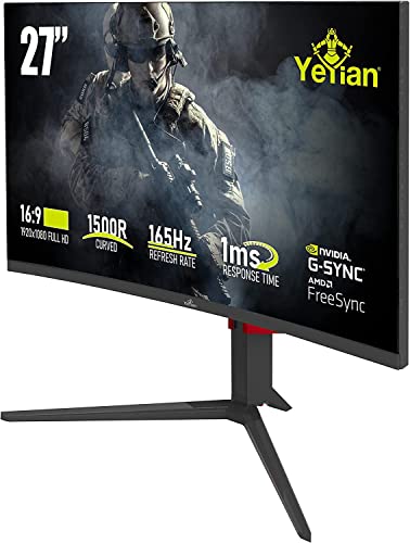 YEYIAN Sigurd 3001 27” Curved PC Gaming Frameless LED Multistand Monitor, 1080P HD, 165Hz, 1ms, 3000:1, 16:9, 178°, 16.7M Colors, G-Sync, FreeSync, DP/DVI/HDMI, Speaker, Tilt/Height/Pivot Adjustable