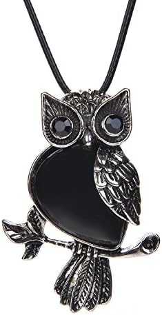 Black Agate APURSUE Owl Necklace Pendant with 2 Chains + 2 Cords, Vintage Natural Stone Gemstone Amethyst Crystal Quartz Agate Chakra Healing Charm Jewelry Pendant Necklace for Women Girls Men Mother