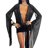 Best Rose Women's Deep V backless See Through Mesh Bodycon Mini Sheer Dress Bell Sleeve Cover Up Sexy Party Club Flowy Dress