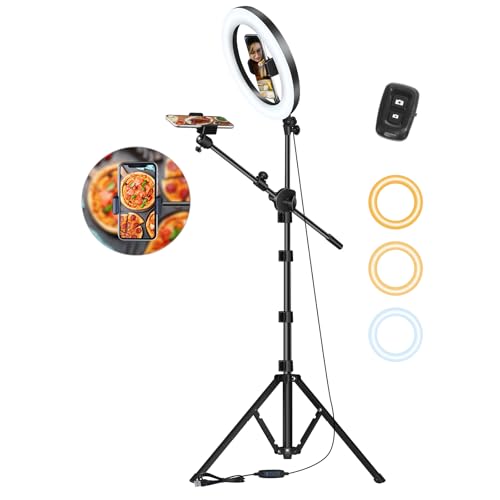 Ringlicht mit Stativ, LUXSURE 10,5” Overhead Stativ Handy mit Ringlicht, Licht mit 2 Handyhalter & Bluetooth-Fernbedienung, Dimmbares LED Ringlicht fü