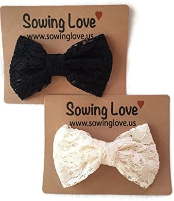 Sowing Love Large Lace Hair Bow 2 Pack - Off White, Black Ladies and Girls Hair Bows