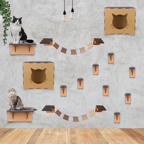 BOXFAN Playground para gatos 14 peças, inclui pontes, nichos, degraus e prateleiras em mdf com carpete antiderrapante, brinquedo e móvel suspenso para gatos