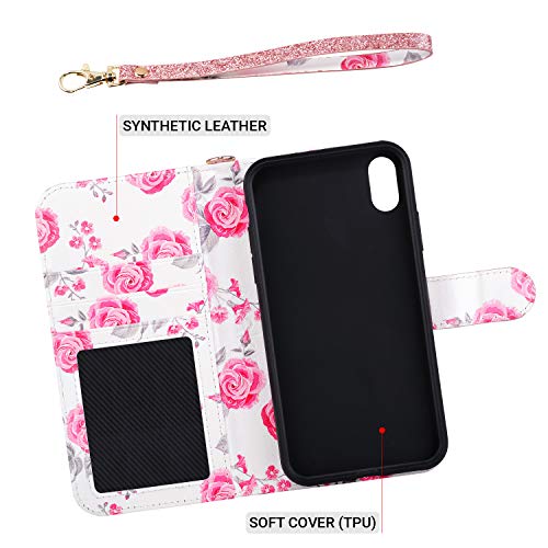 ULAK iPhone Xs Max Wallet Case, Premium PU Leather Case with Kickstand Card Holder ID Slot and Wristlet Shockproof Bling Glitter Protective Cover for Apple iPhone Xs Max (2018) - Rose Gold