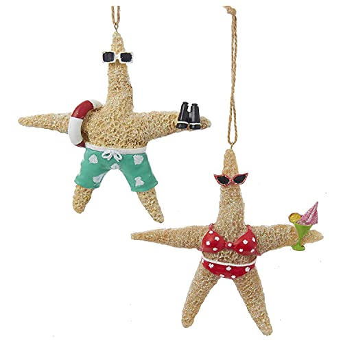 Kurt Adler C8971 Weihnachtsbaumschmuck-Set im Strandstil, Hellbraun, Seestern, Paar, dekorativer Weihnachtsbaumschmuck, Set mit Seilaufhänger (2 Stück