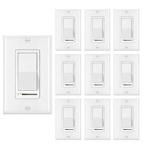 [10 Pack] BESTTEN Dimmer Light Switch, Universal Lighting Control, Single Pole or 3 Way, Compatible with LED Dimmable Lamp, CFL, Incandescent, Halogen Bulb, Decorative Wall Plate Included, White