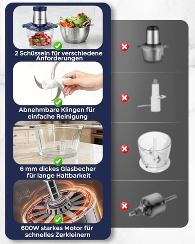 Bear 2L + 1.8L Meat Grinder Electric Chopper Glass + Stainless Steel, 600 W 2 Speed, Chopper with 4 Stainless Steel Blades and Meat Grinder, Chopper for Meat, Baby Food, Fruit, Vegetables