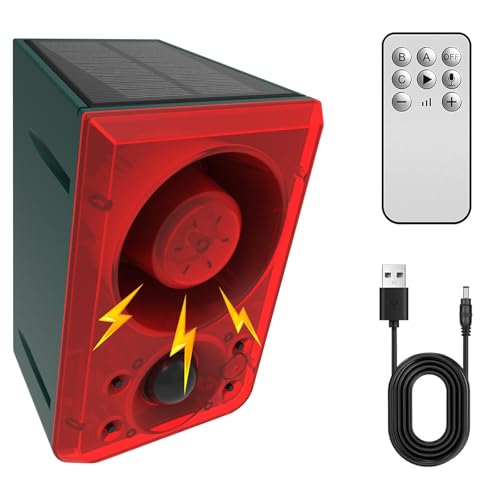 Solar Outdoor Motion Sensor Alarm-Dog Barking&Gunshot Sound,Support Recording&±Volume,130db Loud Noise Maker,3 Work Modes Strobe Light with USB, for Home, Garden, Yard, Farm