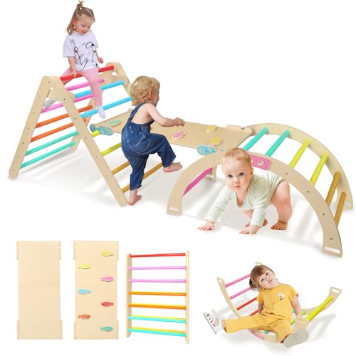 edutree Pikler Triangle Set, 8-in-1 Foldable Climbing Toys for Toddlers Inside, Wooden Montessori Climbing Set, Indoor Playground Jungle Gym for Baby Kids with Ramp, Arch and Ladder
