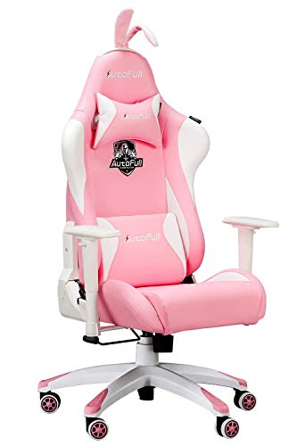 Gaming Chair Large Size High-Back PU Leather Ergonomic Racing Seat with Lumbar Support, Rabbit Ears and Fluffy Tail, Pink - Thumbnail 6