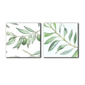 2 Panel Square Canvas Wall Art - Watercolor Style Green Leaves on Branch - Giclee Print Gallery Wrap Modern Home Art Ready to Hang - 12"x12" x 2 Panels