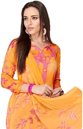 RIWAAYAT TRENDS Pure Jam silk party wear printed unstitched salwar suit with diamond work on neck and sleeves and chiffon printed dupatta- Free size, Mustard Yellow and Peach Pink
