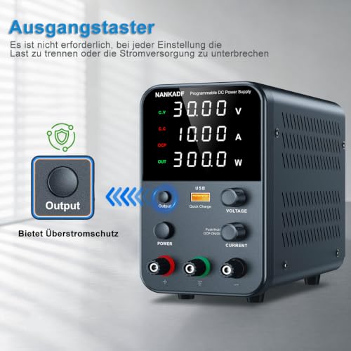 Laboratory Power Supply Unit, 0-30 V, 0-10 A, DC Adjustable Power Supply with 4-Digit LED Display, Encoder Adjustment Knob and Output Switch