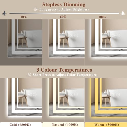 Archaluxe Bathroom Mirror with LED Light: 45x60cm Illuminated Wall Mounted LED-Bathroom-Mirror with Shaver Socket, Anti-Fog,3 Colors Dimmable, Memory Function, IP44 Smart Mirror Horizontal/Vertical