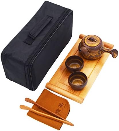 Vegali 100%Handmade Porcelain Chinese Classic Gongfu Kungfu Portable Travel TeaSets;Porcelain Teapot & Teacups & Bamboo Tea Tray with a Portable Travel Bag(V3) (Yellow)