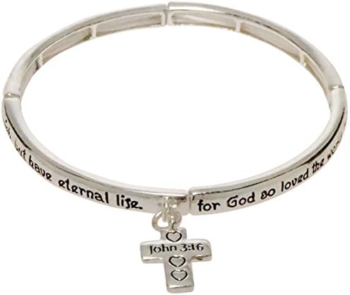 Bracelet - Silver Tone Dangle Cross Bible Scripture Stretch Bracelet - Kiki's John 3:16