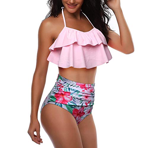 iYBUIA Sexy Leaf Print Twist Front High Wasit Bikini Set 2 Piece Bra Beach Swimsuit Pink