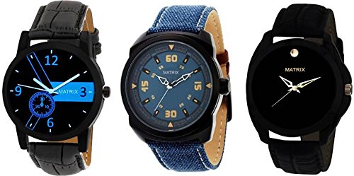 Matrix Black Dial & Multicolor Leather Strap Analog Watches for Men/Boys - Combo (Pack of 3) - (TRP-20)