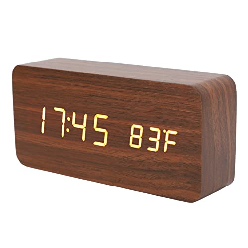 Digitaler Wecker für Schlafzimmer, 12/24 Stunden LED Uhr aus Holz mit Sprachsteuerung, 3 Einstellbare Helligkeiten, USB oder Batterie Digitaluhr für Nachttisch, Elektrische Uhren