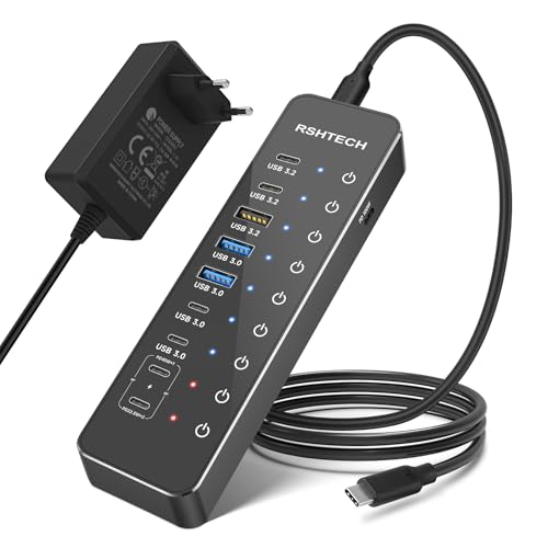 RSHTECH USB Powered Hub, 10 Ports USB C Hub That 3 Ports USB 3.2 to 10Gbps (2C+1A), 4 USB 3.0 Ports to 5Gbps (2C+2A), 2 Fast Charge USB-C Ports to 45W, PD 100W, Adapter 66W, RSH-ST10P