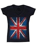 shop4ever Vintage Union Jack British Flag Women's V-Neck T-Shirt United Kingdom Flag Shirts XX-LargeBlack 0