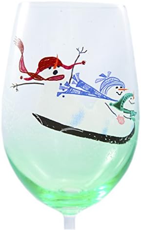 Snowfolks Stemware Collection, Winter Blizzard Thrilling Sled Ride for 3 Cute and Funny Snowmen, 20 Ounce Large, Unique Painted Wine Glass Design Decorated with Festive Holiday  Snowflakes, Emerald Green