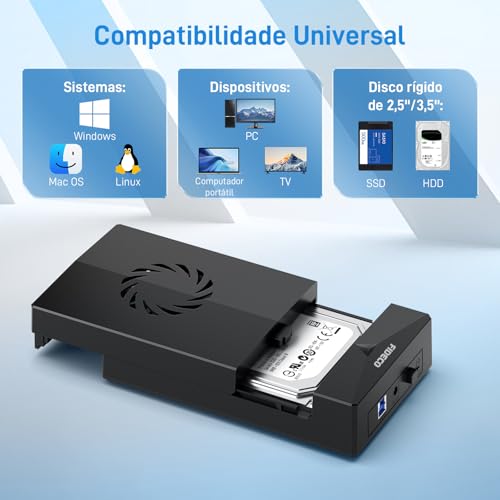Gabinete para disco rígido externo, gabinete USB 3.0 para SATA para disco rígido SSD SATA de 3,5 ou 2,5 polegadas com ventilador, adaptador de alimentação de 12 V incluído
