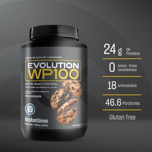 EVOLUTION, Proteína de Suero de Leche, WP100, Whey Protein, 18 Aminoácidos, Sin Gluten, Sugar Free, Post Workout, Sabor Cookies, 46.6 Porciones, 1400g