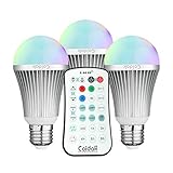 Coidak CO816 E26 Color changing LED Bulb with Timer & Sleep Function and Pure White Light, 2.4G Wireless Control Dimmable A19 Lamp with Remote, Aluminum Shell, 3-PACK