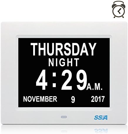 Alarm Clock, Digital Calendar Day Clock, Extra Large Non-Abbreviated Day &amp; Month, Digital Alarm Clock for The Original Memory Loss, Good Gift for The Elderly (8inch / White)