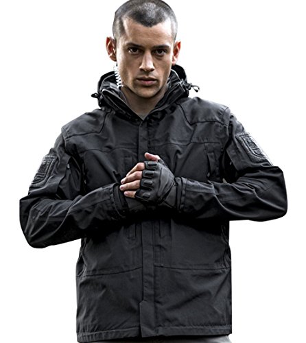 FREE SOLDIER Outdoor Men Teflon Waterproof Warm Fleece Lined Detachable Tactical Jacket Autumn Winter CORDURA fabric Hunting Coat (Black, L)