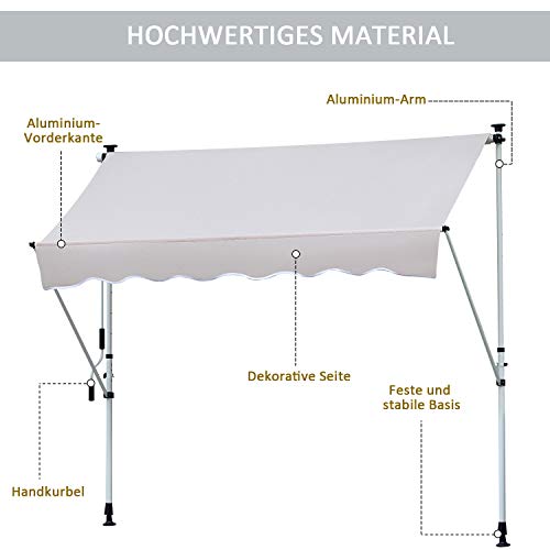 Outsunny Markise Klemmmarkise Sonnenschutz Faltarm Handkurbel Balkon Alu Cremeweiß 3x1,2cm – Bild 6