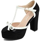 Allegra K Women Bow T-Strap Chunky Heel Platform Patent Pumps