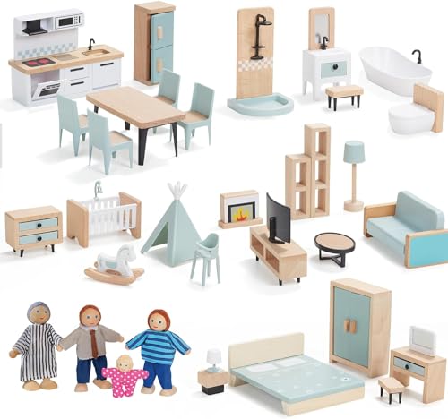 Giant bean Dollhouse Furniture Wooden Set, 36 Pieces Furniture with 4 Family Dolls, Doll Accessories, Toy for Boys, Girls and Toddlers 3+ Years