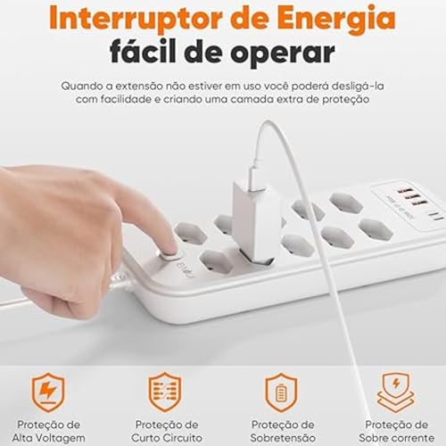 Filtro de Linha,Extensão Eletrica,Extensão Tomada,Régua Tomada 3 Interfaces USB,2 Portas USB Tipo-C,Cabo de Alimentação de 2Metros,Potência de 2500w,Suporta a Tensão de 110-220V Branco(8 Tomadas)