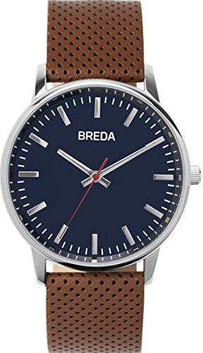 BREDA Men's 'Zapf' 1725b Silver Round Fashion Analog Display Quartz with Perforated Brown Leather Strap Wrist Watch, 39mm