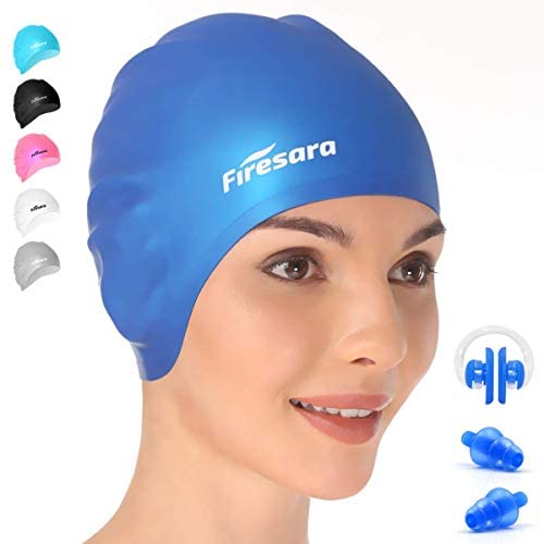 Firesara Swim Cap, Silicone Swimming Cap for Long Short Hair 3D Design Non-Slip Waterproof for Adult Men Women Kids Swim Hat with Nose Clip Ear Plugs (blue)