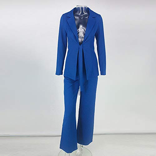 Ohvera Women's Solid Long Sleeve Front Bow Tie Two Piece Blazer Wide Leg Pants Suit Jumpsuit with Collar Blue Medium - Thumbnail 2
