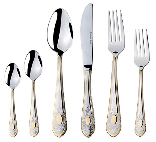 Venezia Collection 75-Pc Luxury Gold Flatware Set for 12 w/Wooden Storage Case, 24 kt Plated Premium Dining Cutlery Service, 18/10 Surgical Stainless Steel Silverware Hostess Serving Set in a Chest