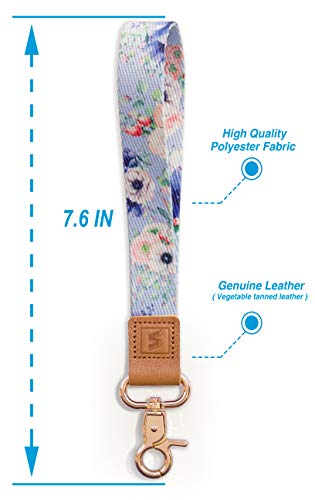 SENLLY Blue Flowers Hand Wrist Lanyard Premium Quality Wristlet Strap with Metal Clasp and Genuine Leather, for Key Chain, Cell Mobile Phone, Camera, Charms, Lightweight Items etc - Thumbnail 3