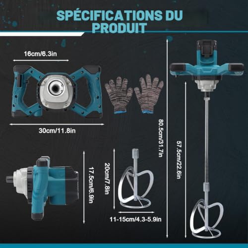 Mortar Mixer Compatible with Makita Battery, 3200W Color Mortar Beater, Max 680RPM, Electric Paddle Mixer with 6 Speed, 2 Mixing Rods (No Battery)