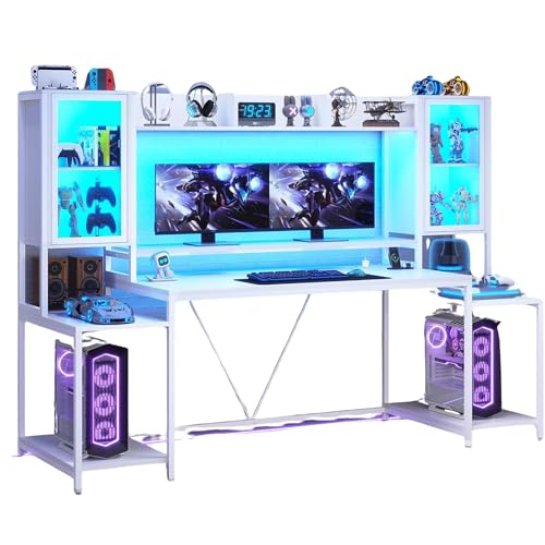 Escritorio gamer 190cm, escritorio para computadora con soporte para monitor, mesa para juegos con luces LED, mesa para PC con cajón y estantes de almacenamiento para dormitorio y sala de estar Blanco