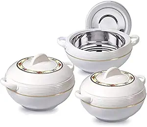 Tmvel Ambient Insulated Casserole Hot Pot Hot Pack Food Warmer 3 Pieces Set, 1.6 L, 2.5 L, 3.5 L (white)