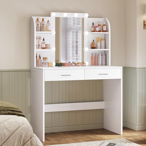TEENFON Vanity Desk with Large Mirror & 10 Lights, Makeup Vanity with 6 Shelves, Dressing Table with 2 Drawers, 3 Color Light Adjustable for Bedroom, Modern, White