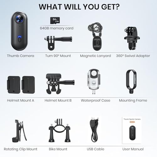 Poat Action Camera, Mini Pov Camera for vlogging, IPX7 Waterproof, Body Camera with 120° Wide Angle, POV Recording for Diving, 10+ Accessories – Helmet Cam for Motorcycle, Cycling (64G-Card)