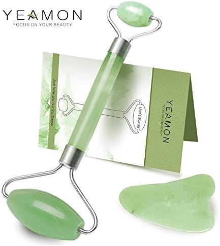 Anti Aging Jade Roller for face and Gua Sha Scraping Massage Tool Set Therapy, 100% Natural Jade Facial Roller with Double Neck Slimming Massager, Gift Boxed Included by Yeamon