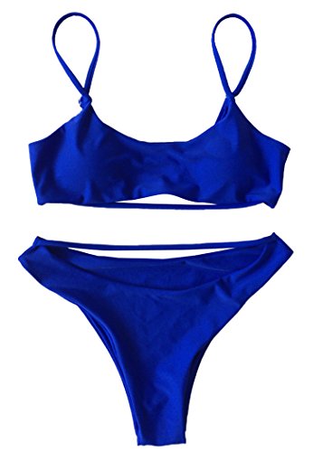 ESONLAR Womens High Cut 2pcs Swimsuit Scoop Neck Cropp Top Cutout Strappy Thong Bikini Suit Sapphire Blue M - Thumbnail 4