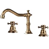 Votamuta Deck Mounted Three Holes Double Handles Widespread Bathroom Sink Faucet, Antique Brass Finished